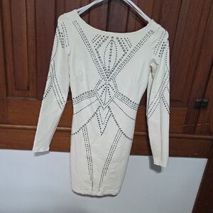 bebe White Long Sleeve Studded Dress